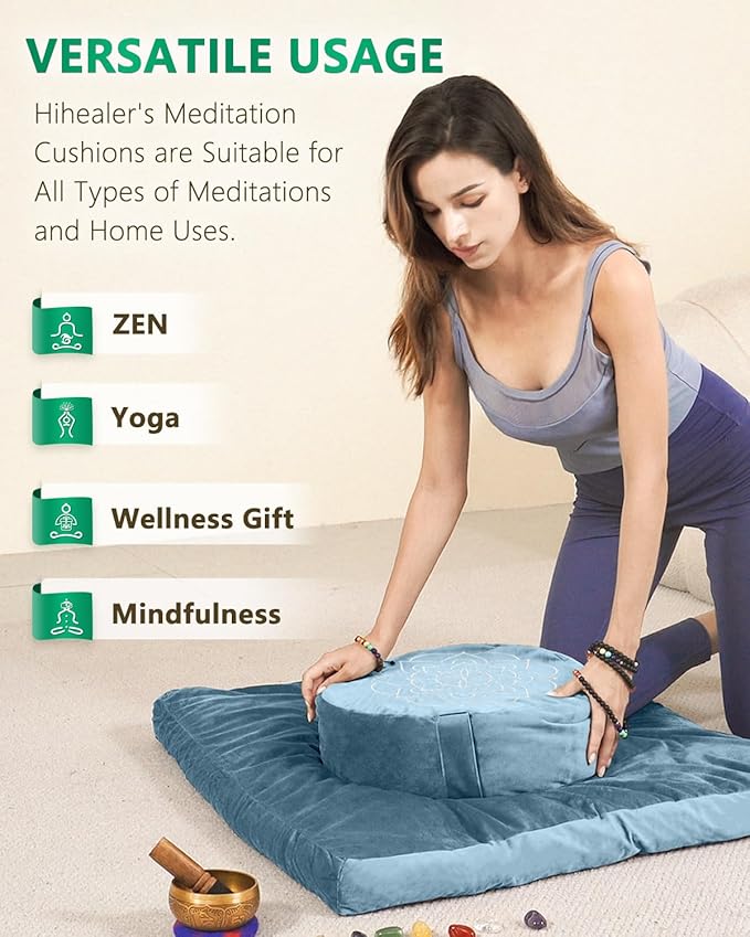 Hihealer Meditation Cushion Set Large Velvet Floor Pillow & Traditional Tibetan Yoga Bolster for Adults Zafu Meditation Mat with Buckwheat Filling