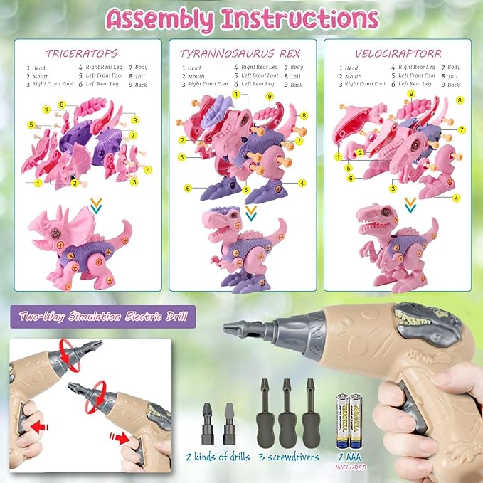 FREE TO FLY Girls Toys Take Apart Dinosaur: Pink Dinosaur Play Set for Kids 3-5 5-7, Stem Learning Educational Montessori for 3 4 5 6 7 8 Year Old Girls Toddlers Autism Sensory Xmas Birthday Gifts
