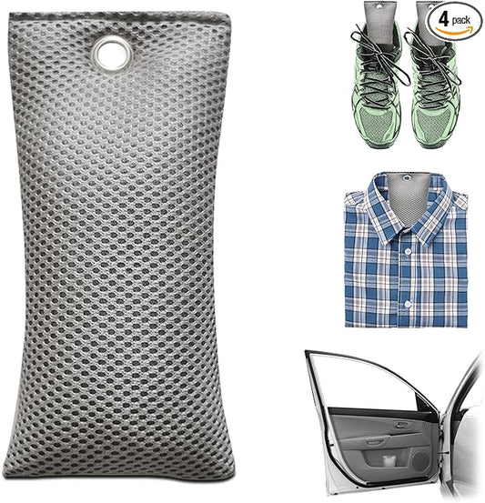 4 Pack charcoal odor absorber,Bamboo Charcoals Air Purifying Bag Charcoals Deodorizer Eliminator for Strong Odors in Car, Closet, Shoe, Basement (75G*4 Pack Gray, Unscented)