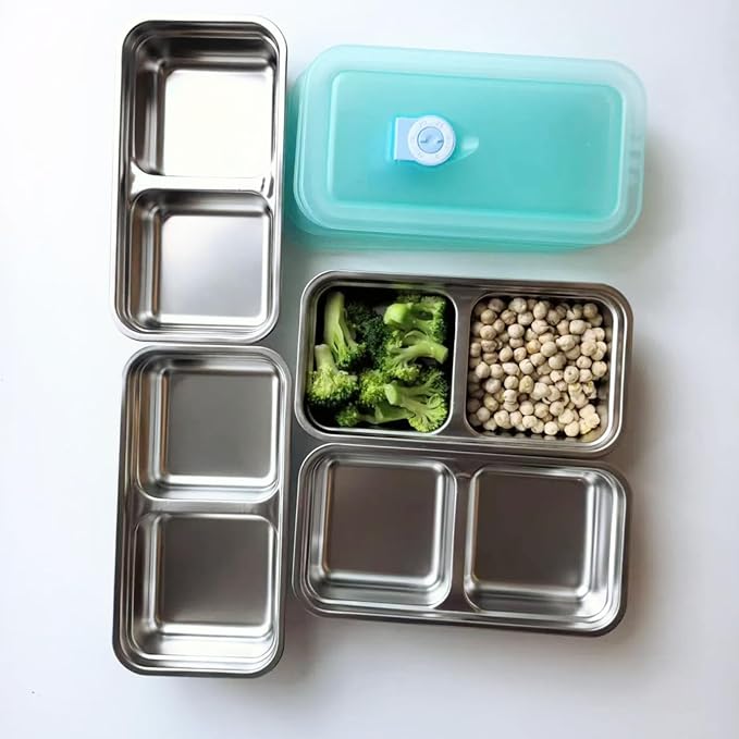 Stainless Steel Snack Containers for Kids and Adults [2/4/6-Pack Set] Reusable Food Storage Container Set with Lids-2 Compartment Bento Box for Lunch, Travel, Meal Prep- Leakproof & Dishwasher Safe(4)