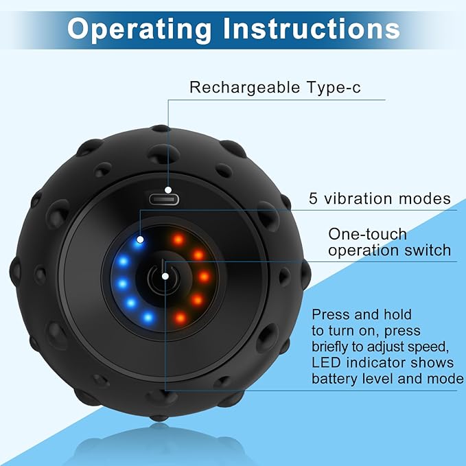 Vibrating Massage Ball 5-Speed，Next Generation Vibrating Ball Physical Therapy for Muscle Massage and Myofascial Trigger Point Release ，Relieves Muscle Pain & Tightness, Improves Mobility & Circula