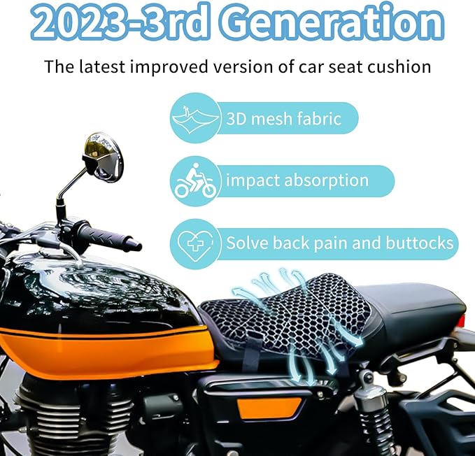 Heran Motorcycle Gel Seat Cushion, 3D Honeycomb Structure & High Elasticity Gel Material Breathable Shock-Absorbing Seat Cover for Comfortable Long-Distance Riding