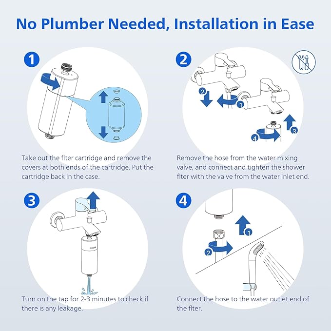 Philips Shower Filter Water Softener, Shower Filtration with Double Mesh & NSF Certified KDF Material, Reducing Chlorine/Impurities/Rust Sediments for Handheld Shower head, Black(Shower Filter Set)