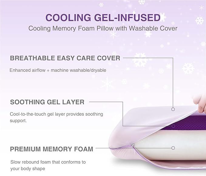 Cooling Pillow for Sleeping, Gel Memory Foam Pillow with Reversible Cover, Neck Support for Side, Back and Stomach Sleepers, Removable & Machine Washable Cover, Bed Pillows for Hot Sleepers, Purple