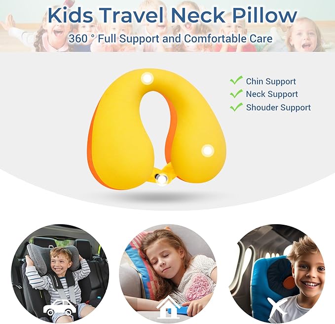 COOLBEBE Kids Travel Neck Pillow, Toddler Neck Pillow for Traving, Softly Double Support Pillow for Car & Airplane, Traveling Gifts for Toddler & Children(1, Yellowish Orange)