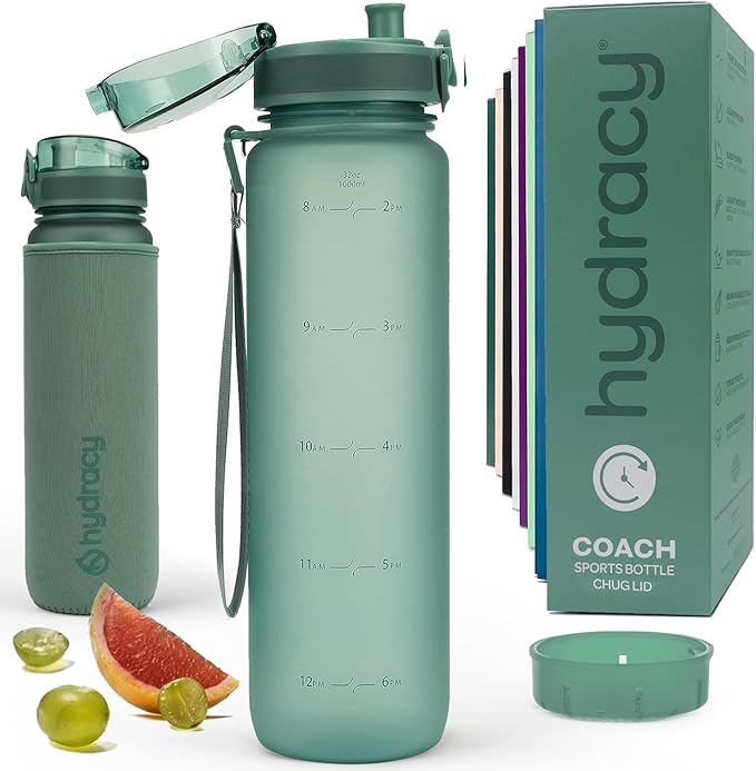 Hydracy Water Bottle with Time Marker -Large BPA Free Water Bottle & No Sweat Sleeve -Leak Proof Gym Bottle with Fruit Infuser Strainer & Times to Drink -Ideal for Fitness Sports & Outdoors