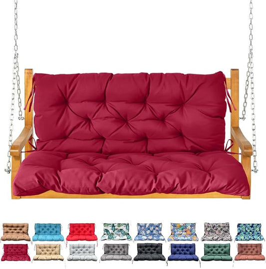 Porch Swing Cushion with Backrest,Waterproof Bench Cushion for Outdoor Furniture,2-3 Seater Replacement Thickened Swing Cushion with Ties,Patio,Outdoor,Backyard and Garden (Wine Red,60x40)
