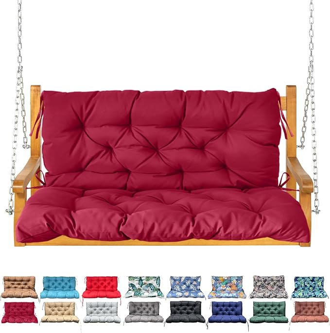 Porch Swing Cushion with Backrest,Waterproof Bench Cushion for Outdoor Furniture,2-3 Seater Replacement Thickened Swing Cushion with Ties,Patio,Outdoor,Backyard and Garden (Wine Red,47x40)