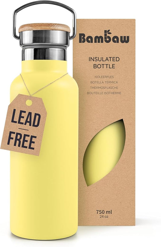 Bambaw 24 oz Insulated Water Bottle, Yellow Water Bottle, Stainless Steel Water Bottle, Dishwasher Safe Water Bottle, Slim Water Bottle Stainless Steel, Hiking Water Bottle – Yellow Beam