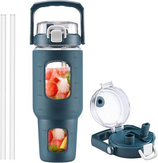 BLUEGO 40 oz Glass Water Bottle with Straw, Leakproof Glass Drinking Bottle with Time Marker and Silicone Sleeve, Wide Mouth Water Bottle for Travel, Gym, Workout, Dark Blue