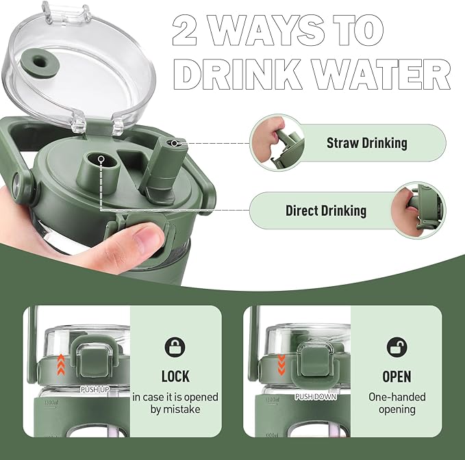 BLUEGO 40 oz Glass Water Bottle with Straw, Leakproof and Time Marker, Wide Mouth for Travel, Gym, Workout, Olive