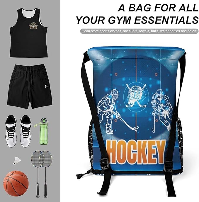 Hockey Drawstring Backpack - Cool Cinch Sack, String Backpacks with Pocket for Kids Women Men Boys Girls for Gym Outdoor Sports Travel Athletic Drawstring Bag - Lightweight/Foldable