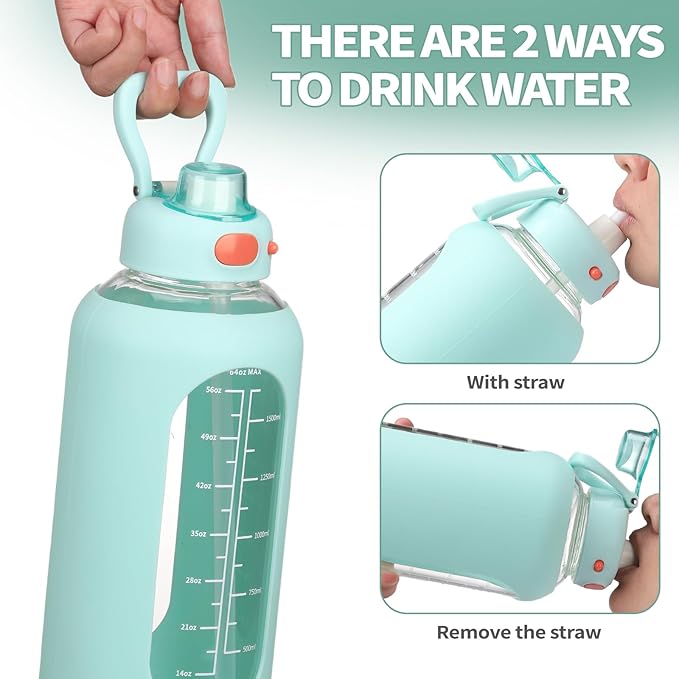 SIEROZUR 64 oz Glass Water Bottle with Straw and Handle Large Sports Motivational Water Bottle Flask with Time Marker Leakproof Water Jug with Silicone Sleeve for Gym