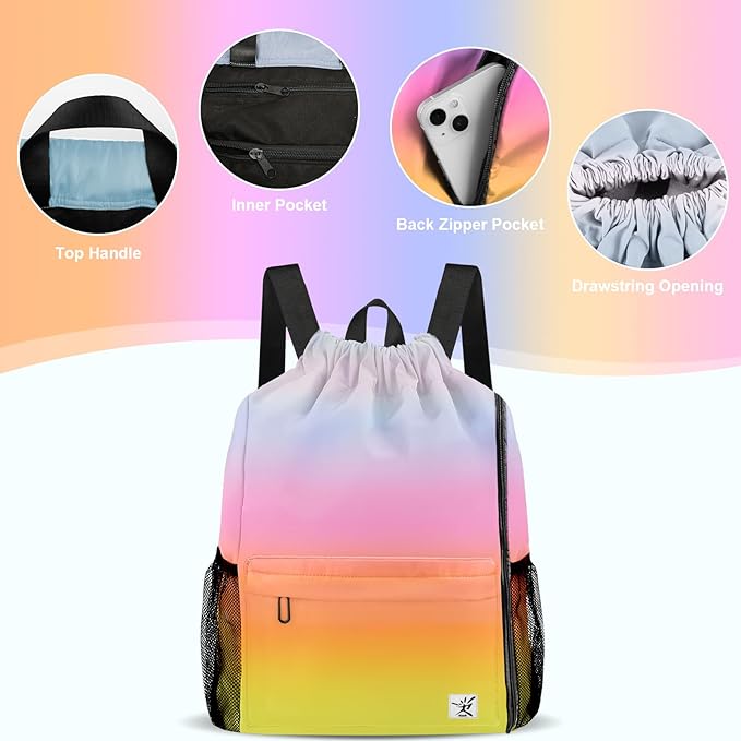 Drawstring Backpack with Mesh Pockets String Gym Bag Sackpack Sandproof Water Resistant Beach Backpack for Men Women