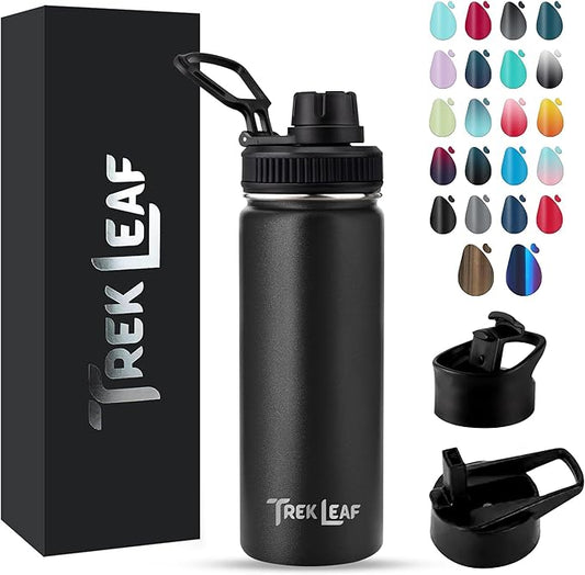 Travel Water Bottle with 3 Lids (Spout, Straw, Flip) Leak Proof, Quality, Vacuum Insulated, Stainless Steel (Black, 18 oz)