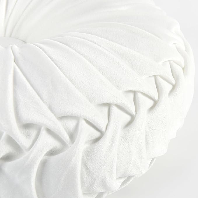 HIG Set of 2 Decorative Round Pleated Throw Pillows, Classy Accent Pumpkin Throw Pillows with Center Button, Vintage Velvet Floor Pillows for Sofa Vanity Chair Bed, White, 14.5" Diameter(Ripple)