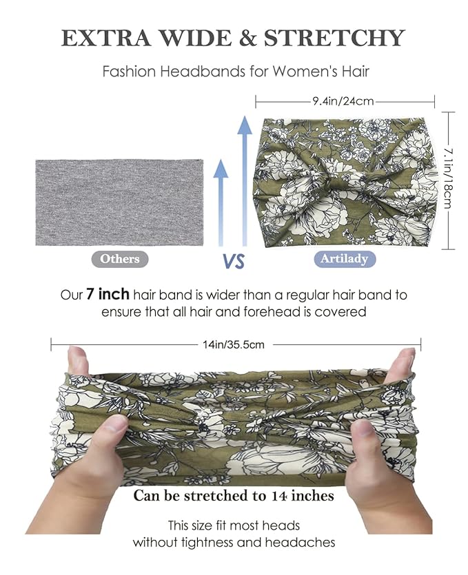 Artilady Boho Headbands for Women-Extra Wide Headband Non Slip Floral Print Head Wrap for Black Women's Hair Soft Elastic Yoga Workout Exercise Bohemian Hair Accessories 6 PCS