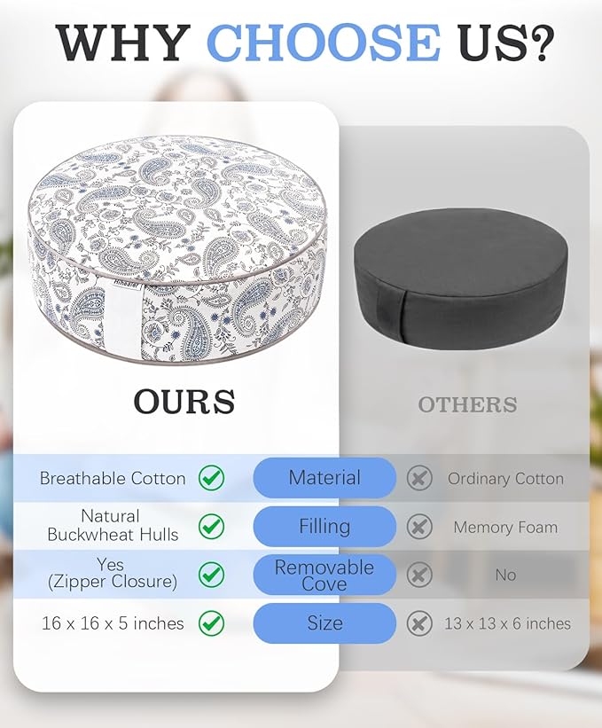 Hihealer Meditation Cushion, Traditional Tibetan Meditation Pillow Velvet Cover - Large Floor Cushion Seating for Adults - Yoga Buckwheat Bolster for Women、Moms