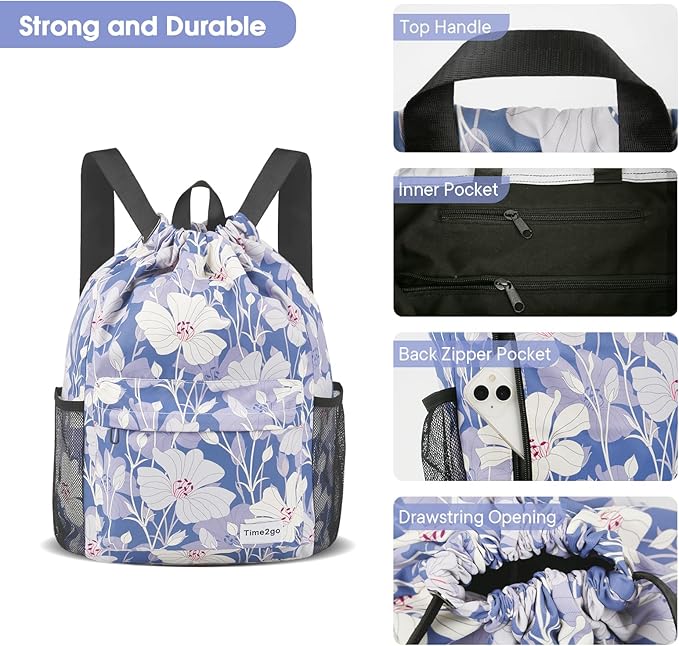 Drawstring Backpack Sports Gym Sackpack with Mesh Pockets String Cinch Beach Bag for Men Women(Blue Flower)
