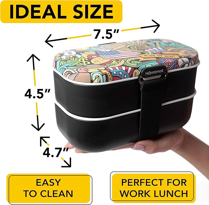Insulated Stackable Bento Box for Adults with Reusable Chopsticks Japanese Lunch Box Microwavable & Leak Proof Lunch Containers for Men & Women Modern Cute Food Container with Compartments (Black)