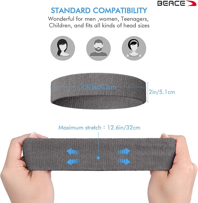 BEACE Sweatbands Sports Headband for Men & Women - 6PCS Moisture Wicking Athletic Cotton Terry Cloth Sweatband for Tennis, Basketball, Running, Gym, Working Out