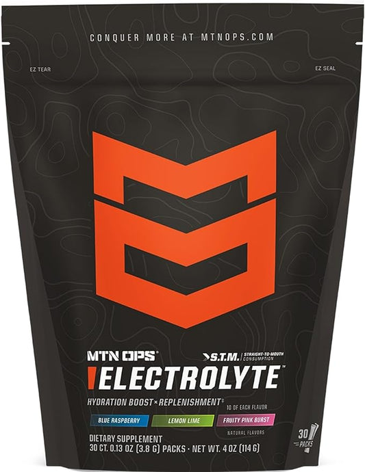 MTN OPS Electrolytes Powder Packets, Sugar Free Hydration Packets, Gluten-Free Hydration Powder, Electrolyte Packets STM “Straight to Mouth” - Variety Pack of 3 Flavors, 30 Packs