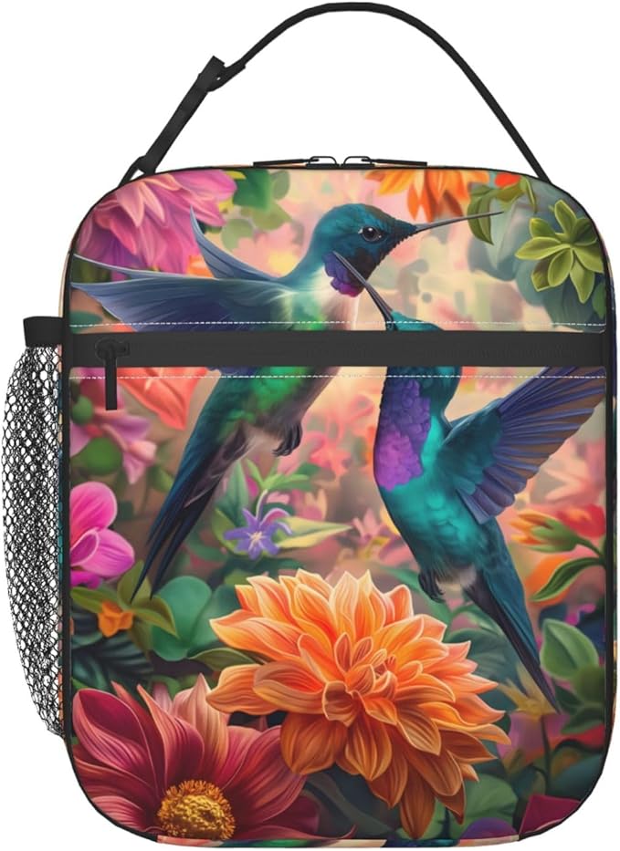 Insulated Lunch Box for Women Men, Hummingbird Floral Lunch Box Reusable Portable Lunch Bag Cooler Tote Waterproof Lunch Container for Office Picnic Work Travel Hiking,Hummingbird
