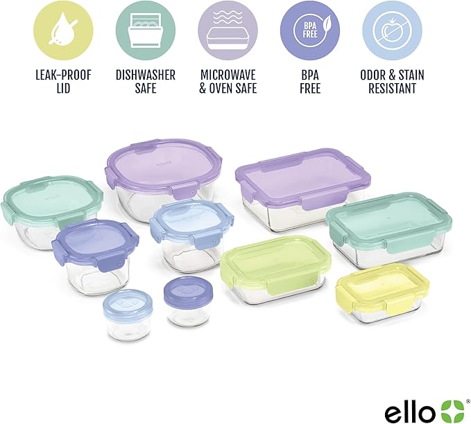 Ello Color Lock 20PC Mixed Glass Food Storage Sets, Leak-Proof Glass Food Storage Containers with Airtight BPA-Free Plastic Lids, Dishwasher, Microwave, and Freezer Safe, Purple Rain