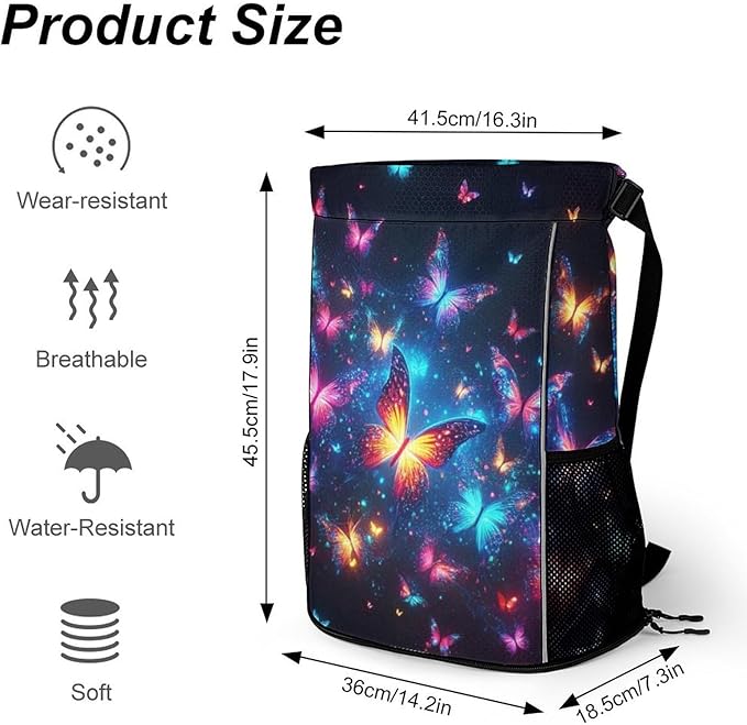 Butterfly Drawstring Backpack - Cute Cinch Sack, String Backpacks with Pocket for Kids Boys Girls Women Men for Gym Outdoor Sports Travel Athletic Drawstring Bag - Lightweight/Foldable