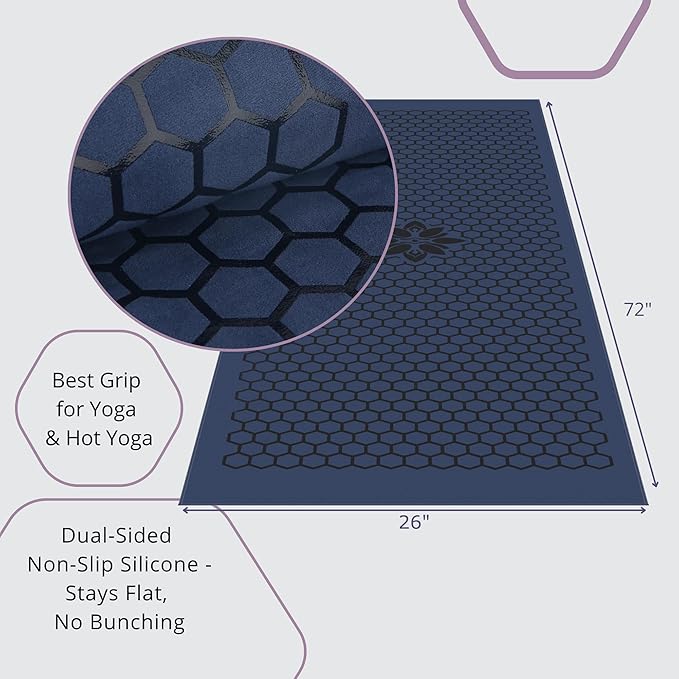 Clever Yoga Hot Yoga Mat Towel – Non-Slip Grip for Hot Yoga, Sweat Absorbent, Honeycomb Silicone Grip, Stays Flat – Ideal for Pilates, Travel, Washable & Lightweight - Dark Blue