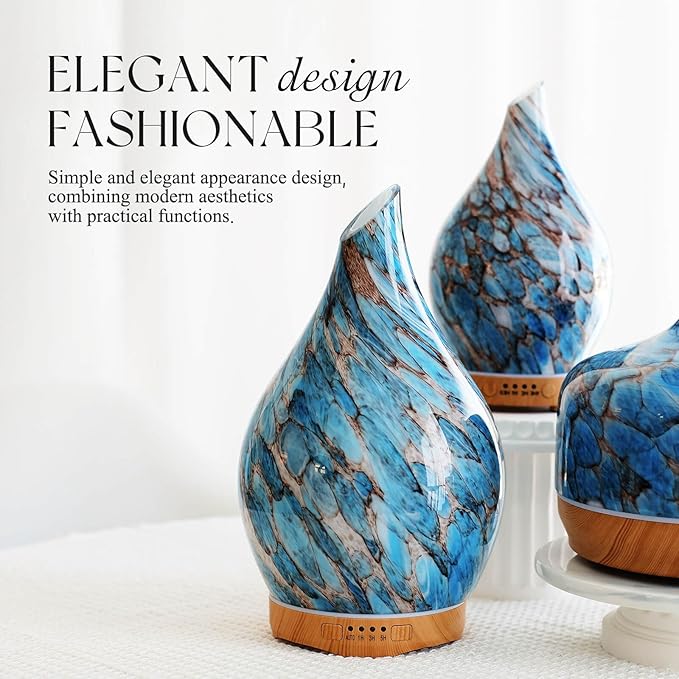 Porseme 280ml Glass Essential Oil Diffuser Aromatherapy Ultrasonic Cool Mist Humidifier 7 Running Hours Waterless Auto-Off Air Diffusers for Sleeping, Yoga, Office Working, Spa and Rest (Light Blue)