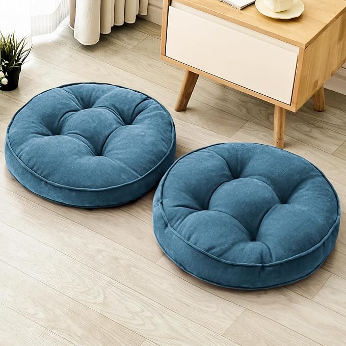 Floor Pillow Set of 2, Memory Foam Floor Cushions for Adults, Large Round Meditation Pillow for Sitting, 22 x 22 Inches (Round | Navy)