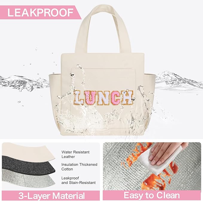 Joymee Leather Lunch Box Lunch Bag for Women Adult Insulated Reusable Leakproof Large Spacious Lunch Cooler Lunch Tote Bag with Bottle Holder and Side Pockets for Work Picnic Beach (Letter LUNCH)