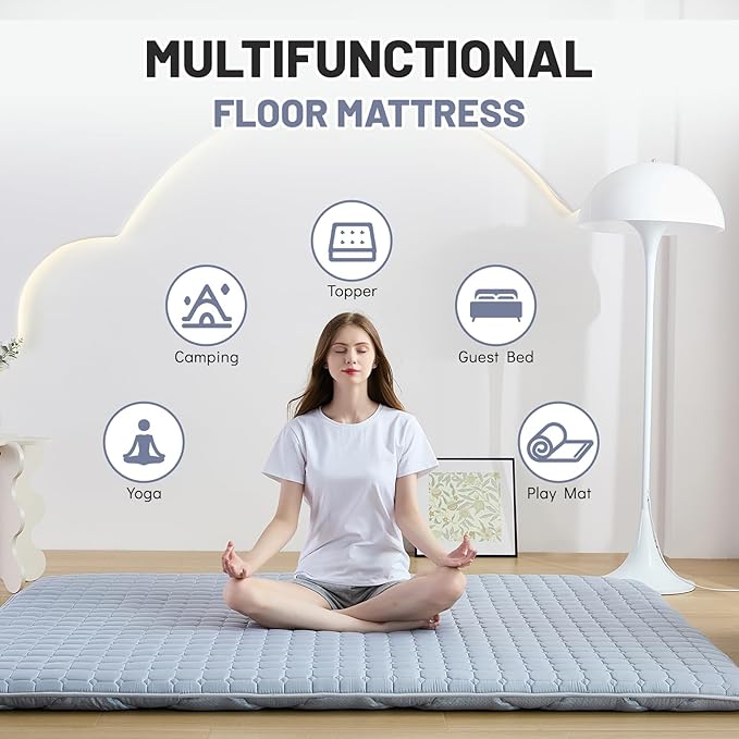 Japanese Floor Mattress Twin, Anti-Slip Japanese Futon Foldable Tatami Mat for Guests, Grey