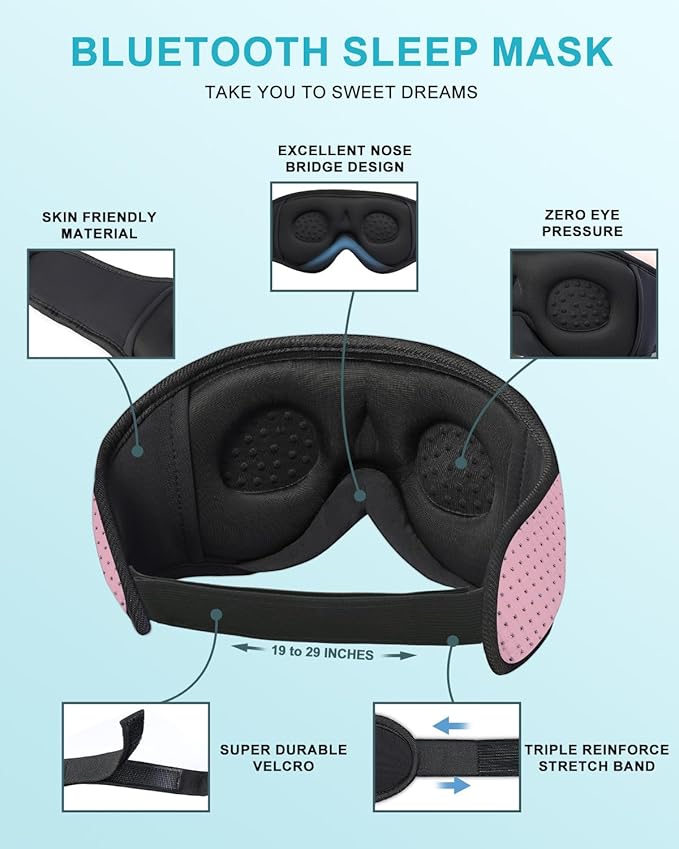 LC-dolida Sleep Headphones, 3D Sleep Mask Bluetooth Wireless, Sleeping Headphones for Side Sleepers Sleep Eye Mask Music Weighted Sleeping Mask Meditation Gifts for Men Women (Rose Pink)