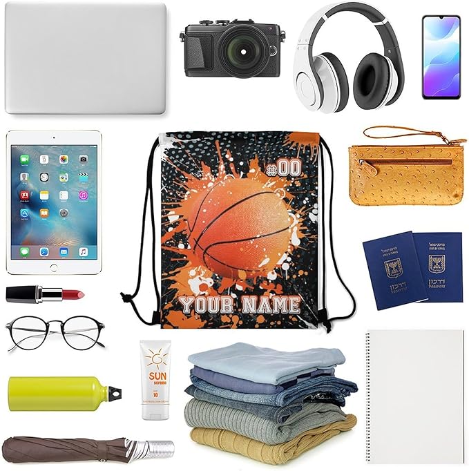 Custom Basketball Drawstring Backpack - Cool Cinch Sack, String Backpacks for Kids Women Men Boys Girls for Gym Outdoor Sports Travel Athletic Drawstring Bag - Lightweight/Foldable