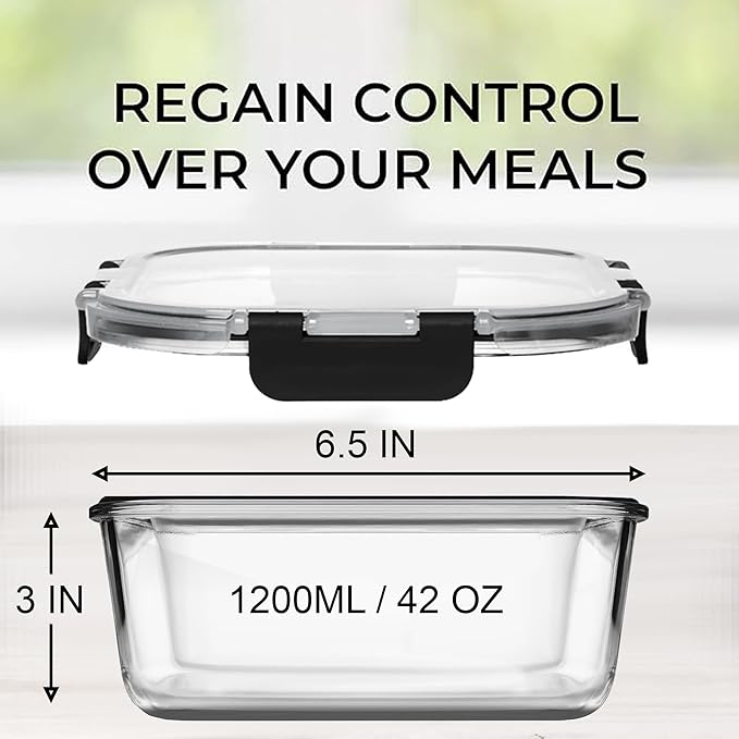 Razab 2 PC 1200ML / 42 Oz Glass Food Storage Containers with Lids - Airtight & Leakproof - Microwave/Oven/Freezer Safe - BPA Free - Ideal for Meal Prep, Storing Leftover & Lunch