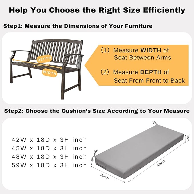 idee-home Outdoor Bench Cushion Waterproof, Bench Cushions for Outdoor Furniture, Patio Porch Swing Replacement Seat Pad with Ties for Garden Backyard, 48 x 18 Inch Grey