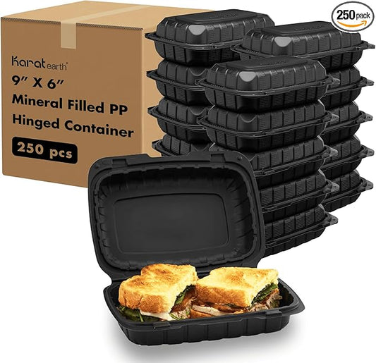 KARAT EARTH Clamshell Take Out Food Containers [9"x6" - 250 ct] To Go Containers | Microwavable, Freezer Safe, Soak-Resistant, Durable, Stackable | Vented for Hot/Cold Foods, Black