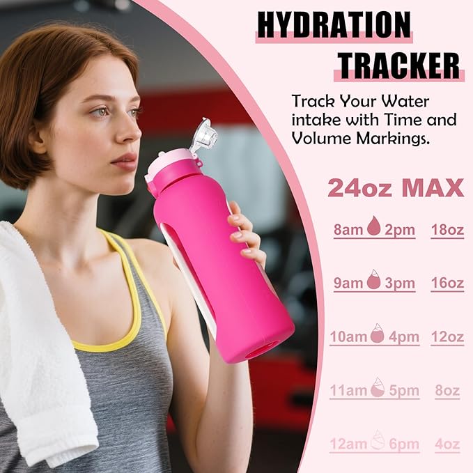ANOTION 40OZ Glass Water Bottle, Large Sports Water Bottle with Dual-Drink Lid Clear Leakproof Glass Bottles with Straw, Motivational Jug with Silicone Sleeve and Time Marker for Travel Gym-Pink