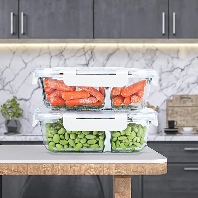 KOMUEE 10 Packs 30oz Glass Meal Prep Containers 2 Compartments,Glass Food Storage Containers with Lids,Airtight Lunch Bento Boxes,Oven,Freezer and Dishwasher Safe, White