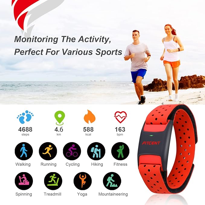 FITCENT Heart Rate Monitor Armband, Bluetooth ANT+ Optical Heart Rate Sensor Arm Band, Rechargeable Fitness Tracker for Peloton Strava Zwift Polar Beat DDP Yoga Wahoo Fitness (Red)
