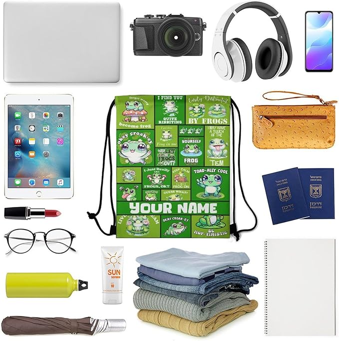 Custom Frog Drawstring Backpack - Cute Cinch Sack, String Backpacks for Kids Women Men Boys Girls for Gym Outdoor Sports Travel Athletic Drawstring Bag - Lightweight/Foldable