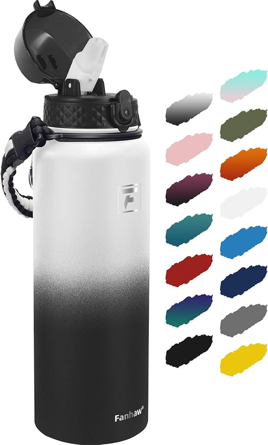 Fanhaw 40 Oz Stainless Steel Insulated Sports Water Bottles with Straw for Kids, Men and Women (White Black)