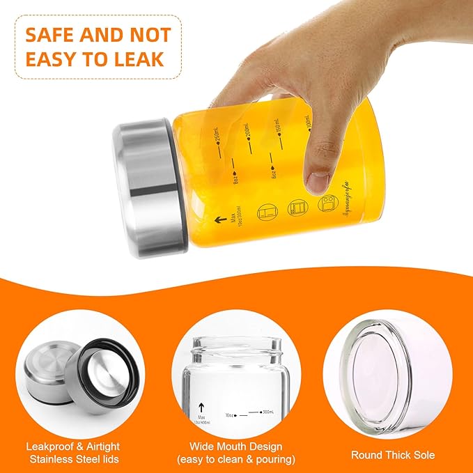 Glass Juice Bottles 4 Pack 10 oz - Wide Mouth Glass Water Bottles with Lids - for Juicing, Smoothies, Milk, Protein, BPA Free, Reusable, Stainless Steel Lids, Leak Proof, Shaker bottle [10oz/300ml]