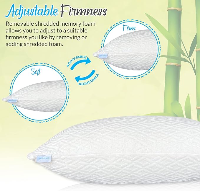 2 Pack Queen Size Rayon Derived from Bamboo Pillows, Cooling Shredded Memory Foam Bed Pillow Sets for Side, Back, Stomach Sleepers, Adjustable, Washable Cover, Queen (Pack of 2)