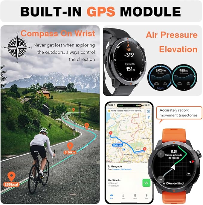 GPS Smart Watch for Men, 1.43'' AMOLED Smartwatch with Compass/Barometer/Altimeter, Heart Rate/Sleep Monitor, 30M Waterproof, 60+ Sports Fitness Tracker for Android/iOS, Gray & Orange (2 Bands)