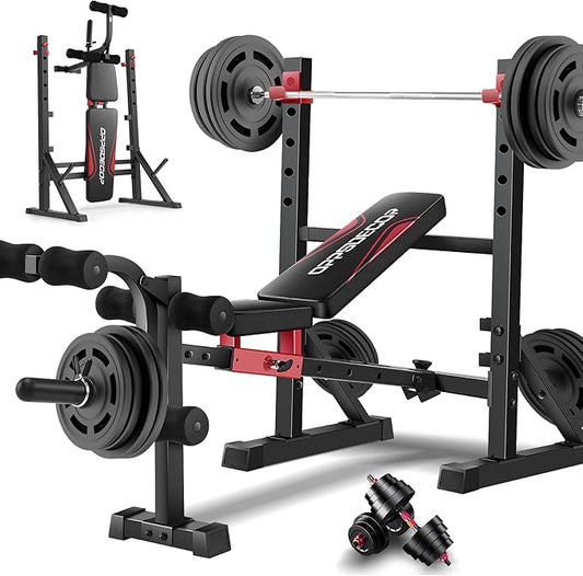 OPPSDECOR 900LBS Olympic Weight Bench Set with Squat Rack Professional Incline Bench Press with Leg Extension & Leg Curl Foldable Decline Flat Workout Bench for Home Gym Full Body Exercise