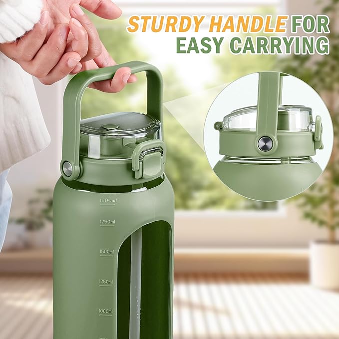 BLUEGO 64oz Glass Water Bottles with Straw Time Marker Half Gallon Large Motivational Water Bottle with Silicone Sleeve 2 Liter Large Glass Water Jug for Gym, Sports& Workout, Daily, 02 Olive