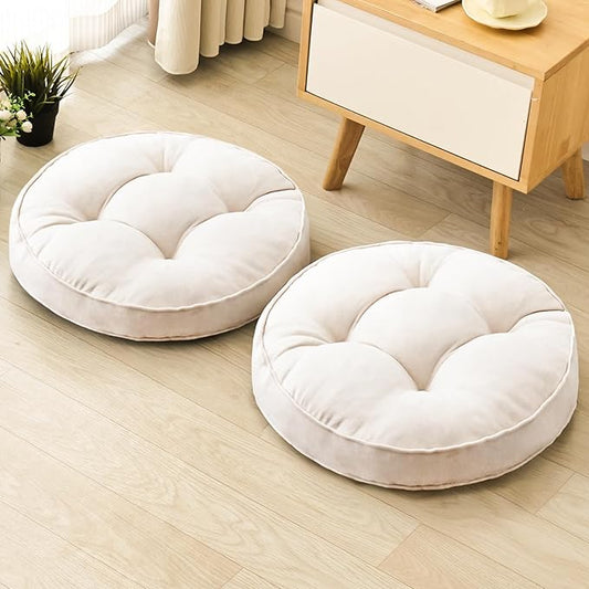 Floor Pillow Set of 2, Memory Foam Floor Cushions for Adults, Large Round Meditation Pillow for Sitting, 22 x 22 Inches (Round | Beige)